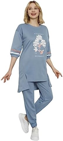 Wesha Turkish Cotton Tunic Long Top and Pants Ladies Homewear Gymwear Sportswear Set Modest Tracksuit Set for Women