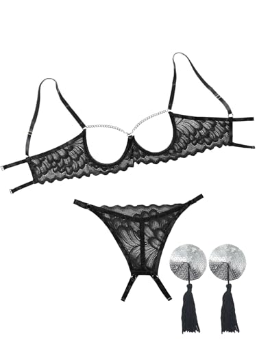 Image of Lilosy Women's Sexy Underwire Floral Lace Sheer Lingerie Set See Through Bra and Panty 4 Pieces Pasties Chain Black Large