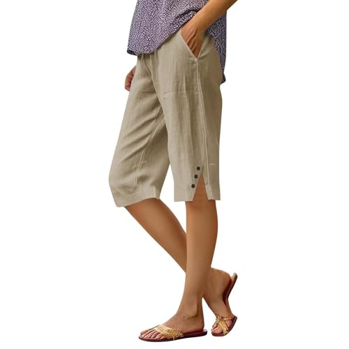 Womens Capris for Summer 2025 Linen Knee Length Pants Loose Wide Leg Elastic Bermuda Shorts Side Button Trouser Pocket