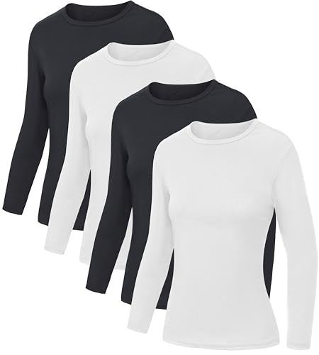 4 Pack Womens Long Sleeve Shirts Basic Ribbed Crew Neck Slim Fit Tees Casual Going Out Layer Tops for Fall Outfits
