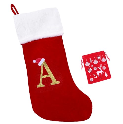 EHJYO 20 Inches Monogram Christmas Stockings with Letters Large Super Soft Christmas Stockings, Red Velvet with White Plush Cuff Embroidered Xmas Stocking for Christmas Family Decor Letter A