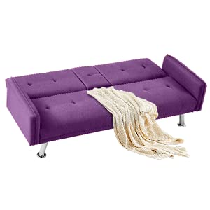 Lamerge Futon Sofa Bed,Convertible Upholstered Folding Sofa,Multi-Functional Sofa Couch For Compact Small Space,Apartment,Dorm,2 Cup Holders,72.4",Purple #TOP7