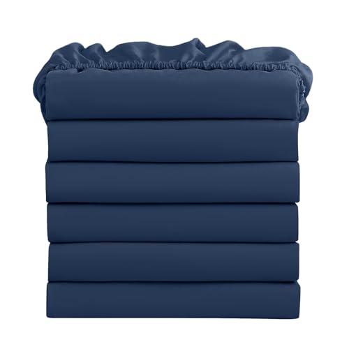 FreshCulture Full Fitted Sheets, Bulk Pack of 6, Deep Pocket, Soft Microfiber Bottom Sheets for Home, Salons, Hotels, Full Size Fitted Sheets Only (Navy Blue)