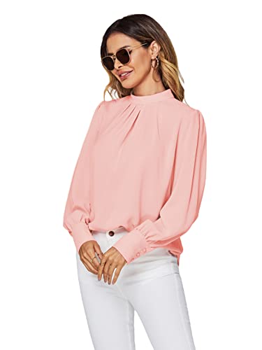 Lyaner Women's Mock Neck Pleated Solid Long Sleeve Blouse Office Shirt Tops Pink Medium #TOP4