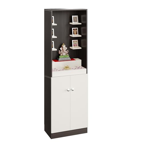FURNEASER Adya Wooden Pooja Mandir for Home with Storage | Engineered Wood Temple Stand with Shelf & Cabinet | Compact Floor-Standing Prayer Unit for Living Room � Wenge White Finish, 161x50x32 cm