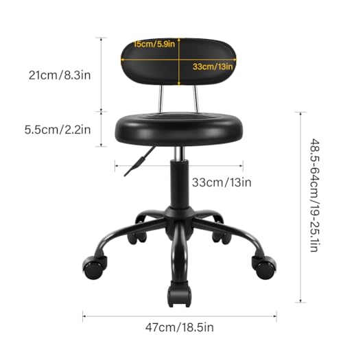 Image of WKWKER Rolling Stool with Wheels Swivel Stool with Back Height Adjustable Chair PU Leather Rolling Chair Ideal for SPA Salon Home Office Drafting Work (Black)