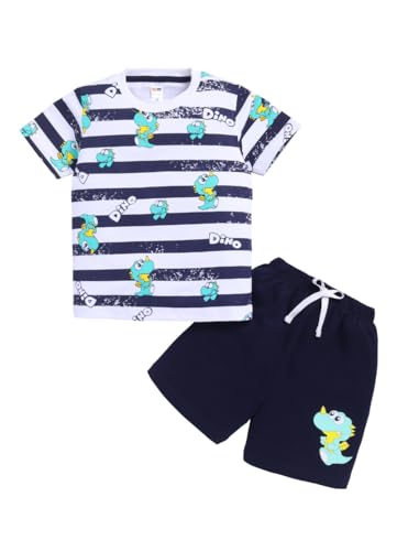 Image of LITTLE NINJA Cotton Half Sleeves Baby Dinosaur Printed Tee & Coordinating Shorts Set - White and Navy