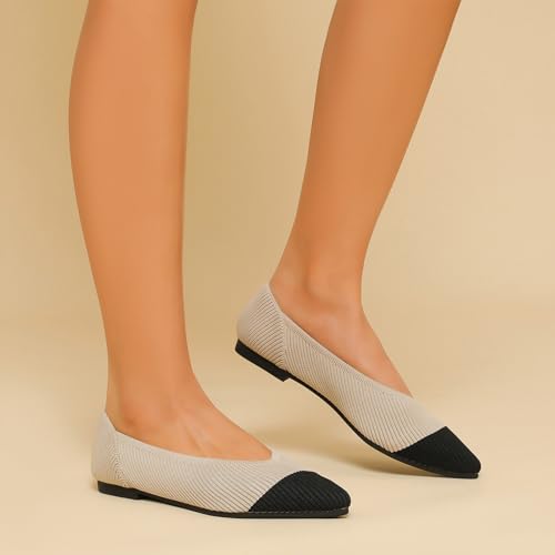 Image of TINGRISE Women's Flats Shoes Pointed Toe Knit Ballet Comfortable Dressy Slip On Flat