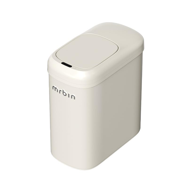 Image of MRBIN Motion Sensor Adsorption Bag Bathroom Trash Can with Lid and Wheels, 10L /2.6gal Automatic Waste Basket Slim Electric Metal Garbage Bin for Office, Bedroom, Rv, Cream White