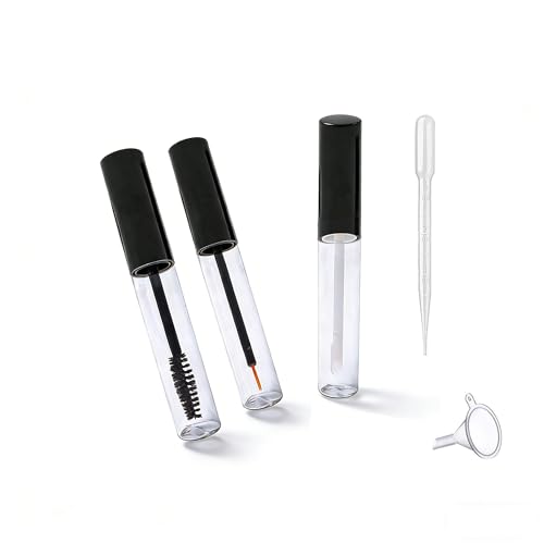 IMIROOTREE 10ml Mini Empty Mascara Tube Eyeliner Tube and Lip Gloss Tube with Black Lid Refillable Plastic DIY Cosmetic Container Including Funnel Transfer Pipette