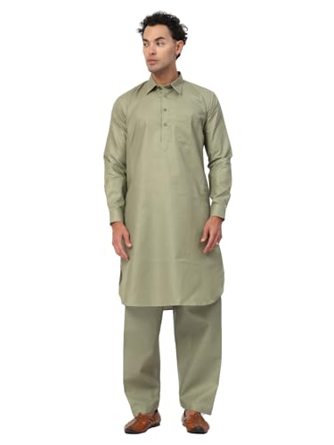 Image of Men's Traditional Pathani Kurta Salwar Set, Red, Long Sleeve, Collared Neck, Cotton Blend, Ethnic Wear