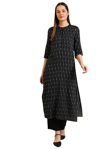 Image of Aurelia Women's Black Yarn Dyed Striped Straight Kurta