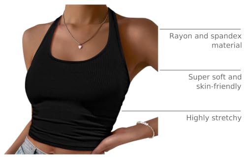 Image of Ekouaer Women Halter Top Backless Scroop Neck Slim Stretchy Ribbed Knit Camisole Crop Tops S-XXL