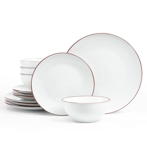 Image of Famiware Venus Stoneware Dinnerware Sets for 4, 12 Piece Plates and Bowls with Rim, Handcrafted Speckled Patterns, Matte White