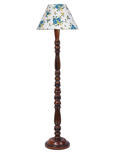 Image of Floor Lamp with Wooden Base - Height 55 inch, Blue Floral | Modern Standing Lamp for Living Room, Bedroom & Office | Stylish & Elegant Home Lighting Decor | Decorative Lamp
