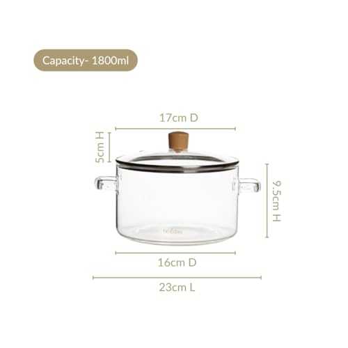 Image of Nestasia Borosilicate Glass Cooking Pot with Glass Lid (1800 ml) - Lightweight & Durable Casserole with Air Vent Lid on Gas Stove | Microwave & Dishwasher Safe Handi for Kitchen