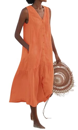 Image of chouyatou Women's Summer Sleeveless Button Down Cotton Tank Dress Loose A-Line Tiered Tunic Beach Dress