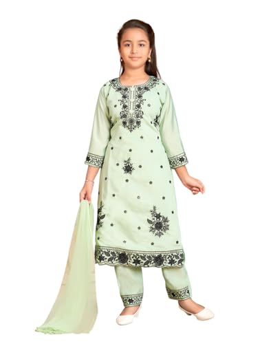 Image of Aarika Girls Ethnic Wear Sea Green Colour Thread Sequin Embroidery Kurti Pant Set With Dupatta