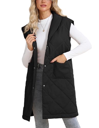 EsheSy Womens Long Line Quilted Puffer Vest Button Down Knee Length Sleeveless Lightweight Jacket Outerwear Gilet Coat(Black-S)