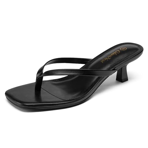 Glamnest Womens Black Kitten Heels Square Open Toe Flip Flop Heels Comfortable 2 Inch Thong Party Dress Heeled Flip Flop for Daily Casual Summer Wear Wedding Size 7