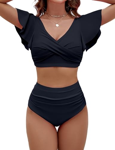 BMJL Womens High Waisted Bathing Suits Tummy Control Two Piece Swimsuits Ruffle Bikini Sets Criss Cross Ruched Swimwear