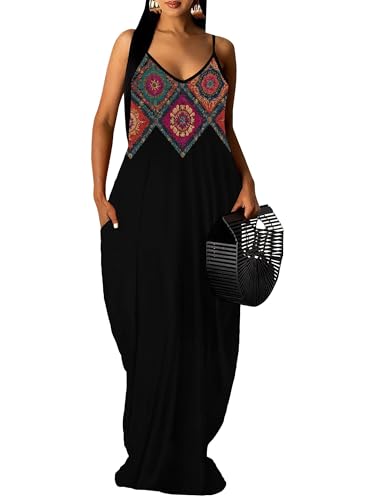 Image of Women's Summer Maxi Dress Spaghetti Strap Floral Boho Beach Long Sundress with Pockets
