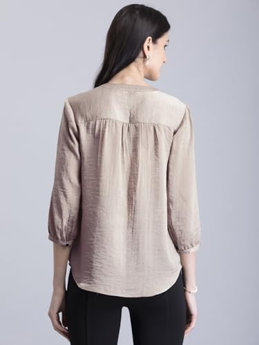Image of FableStreet Women Formal & Casual Top | V-Neckline with Gathered Back Detail & Three-Quarter Sleeves | Premium Satin Fabric for Office Wear & Sophisticated Outings