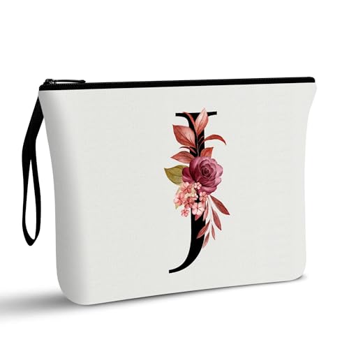 Vavabox A-Z Personalized Makeup Bag, Birthday Gifts for Women Mom, Gifts for Best Friend, Bride Bridesmaid Cosmetic bag (J, 01-White)