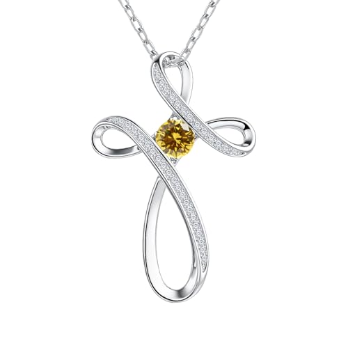 Sterling Silver Cross Necklace, Birthstone Necklace for Women, Cubic Zirconia Crosses Pendant Necklaces, Trendy Womens Wife Mom Daughter CZ Jewelry Gifts for Confirmation Baptism Morhers Day Birthday