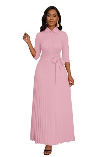 Image of Runwind Maxi Dresses for Women, 3 /4 Sleeve Botton Down Pleated Long Dress with Belt Casual Church Dress with Pockets