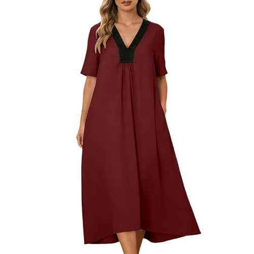 Womens Summer Short Sleeve Maxi Dresses Vintage Casual A Line Beach Dress Boho Flowy Pleated Sun Dress Wine