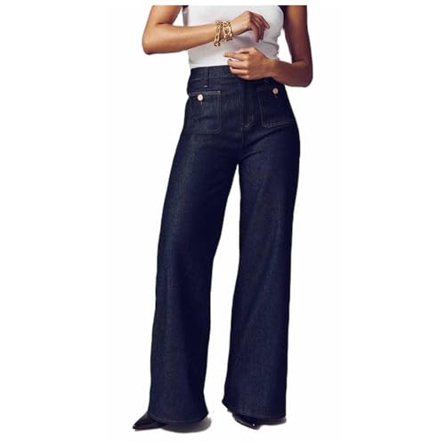 Tazeap Oprah's Favorite Tummy Control Sailor Wide Leg Trouser Chiccurva Jeans Wide Leg Cropped Denim Pants Without Belt Dark Blue