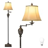 Traditional LED Floor Lamp with 350° Adjustable Swing Arm Lamp – Vintage Standing Pole lamp for Living Room, Bedroom and Office – Rustic Upright Floor Light for Home Décor with Faux Silk Fabric Shade