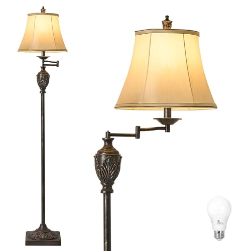 AIDENOEY Traditional LED Floor Lamp with 350° Adjustable Swing Arm Lamp – Vintage Standing Pole lamp for Living Room, Bedroom and Office – Rustic Upright Floor Light for Home Décor with Faux Silk Fab