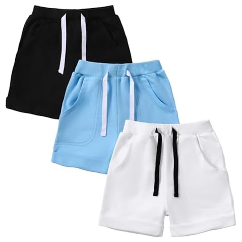 SOBOWO 24 Month Shorts Boys Baby Boys Sport Shorts Summer 3-Pack Solid Cotton Jogger Active Shorts Casual Harem Pants 0-24 Months(18-24 Months, Black/White/Blue) Cover