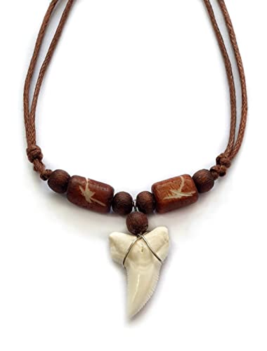 Genuine Mako Shark Tooth Pendant Surfer Wooden Beads Cord Necklace For Men Women Ba371 #TOP19