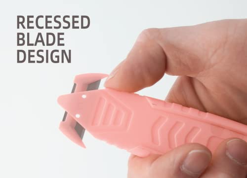 Image of Safety Box Cutter, T TOVIA Sharp Durable Stainless Steel Concealed Blade Package Opener with Tape Splitter for Cartons, Cardboard, Wrap, Straps, Film (10 Pcs - Pink)
