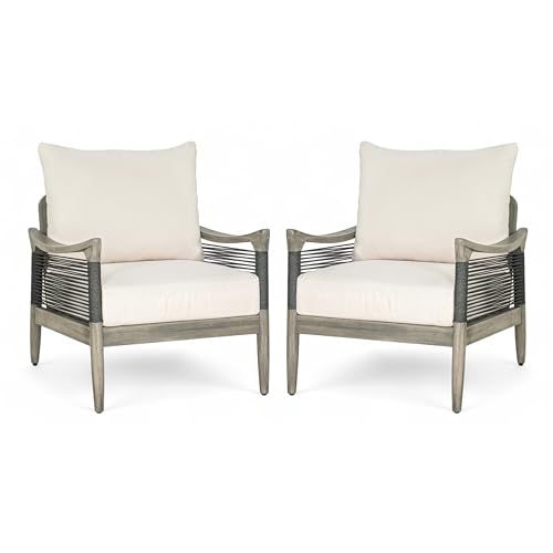 Merax Outdoor Acacia Wood Club Chairs Set of 2, Woven Rope Patio Furniture Conversation Seat with Thick Cushion for Porch, Garden, Backyard, Balcony, Grey by Merax - Image 4