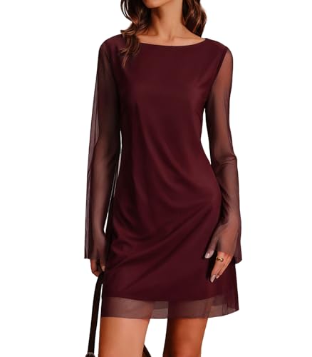 RIHOAS Wine Red Mesh Bell-Sleeve Mini Dress