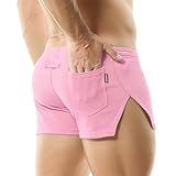 GENEMEN Mens 3 Inch Inseam Shorts Gym Running Sweat Shorts with Back Pockets (Pink, L)
