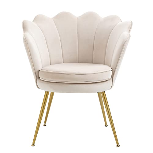 Zjhome Modern Accent Velvet Chairs Set Of 2 Comfy Upholstered Vanity Chairs For Bedroom Shell-Shaped Armchair Dining Chairs With Golden Metal Legs Desk Chair Makeup Chairs For Living Room(Beige) #TOP4
