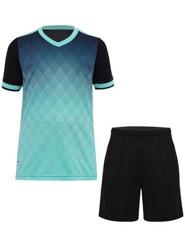 Boys Sports Football Training Outfit Short-Sleeve Tops with Loose Elastic Waistband Shorts Set