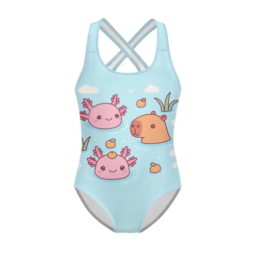 Image of Girls One Piece Swimsuit Axolotl Cross Back Straps Bathing Suit Lightweight Quick Dry Gymnastics Leotard