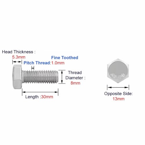 Image of Junter 10pcs M8-1.0 x 30mm Pitch Fine Thread Metric Hex Bolts 304 Stainless Steel Hexagon Fully Threaded Screws DIN933