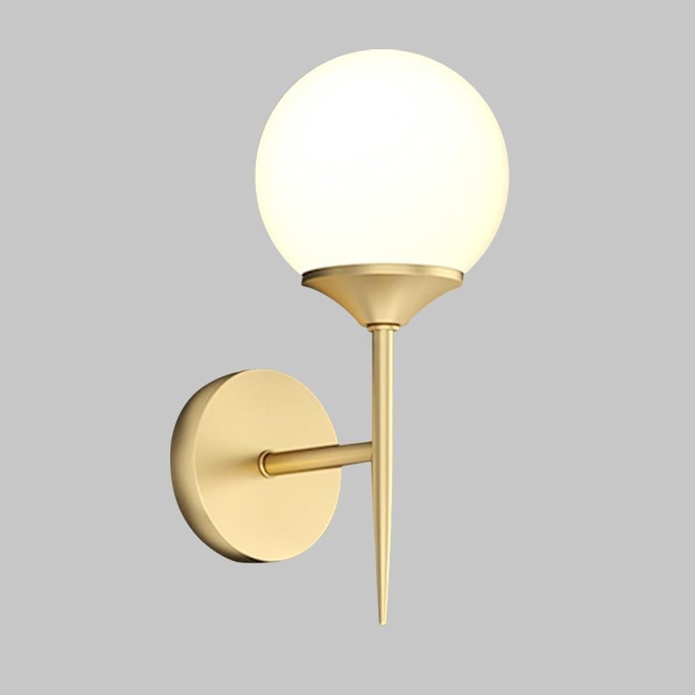 SXECAEPS Indoor Bathroom Wall Lamp Brass Vintage Glass Sconce Milky White Globe Shade Lantern for Bedroom Bedside Living Room Study Corridor Entryway Restaurant(C)