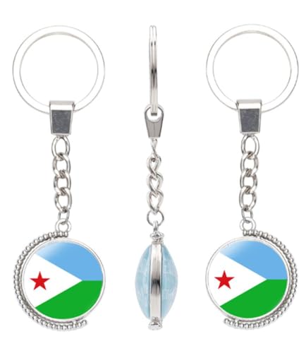 vmcoatdu Porte-clés double face avec drapeau national de nombreux pays - Cadeau pour homme et femme - En acier inoxydable et verre, Djibouti, taille unique