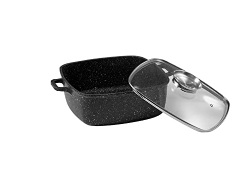 Pradel Excellence - Faitout Premium Carré 28 cm - 5,8L - Fonte d'Aluminium Noir - Revêtement Façon Pierre Anti-Adhérent - Couvercle Verre Goutte à Goutte...