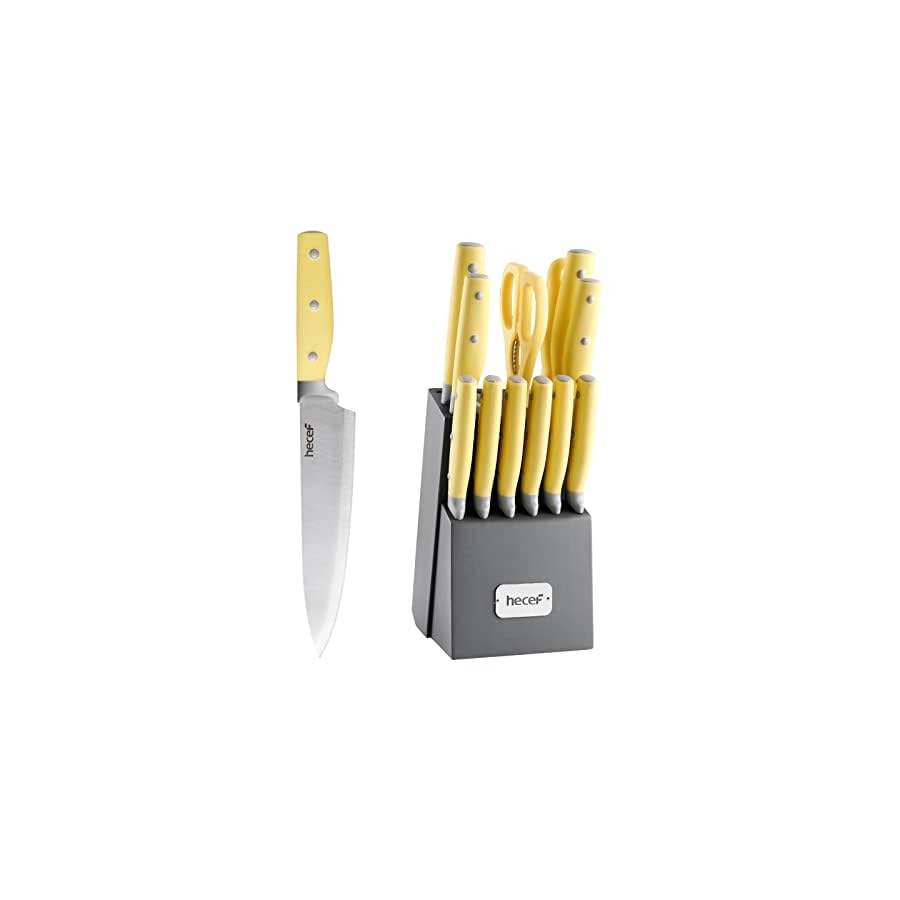 hecef-Kitchen-Knife-Block-Set-14-Pieces-Knife-Set-with-Wooden-Block-Sharpener-Steel-All-purpose-Scissors-High-Carbon-Stainless-Steel-Cutlery-Set-Yellow hecef Kitchen Knife Block Set, 14 Pieces Knife Set with Wooden Block & Sharpener Steel & All-purpose Scissors, High Carbon Stainless Steel Cutlery Set (Yellow)