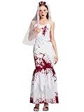 Women Zombie Bride Costume, Vampire Fishtail Dress with Veil Headband Bloody Corpse Skirt for Halloween Party S