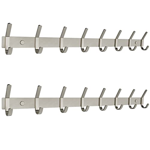 Coat Rack Wall Mount – Brushed Nickel 24 Inch Stainless Steel Hook Rail with 8 Heavy Duty Double Coat Hooks – Wall Mounted Coat Hanger for Entryway, Bathroom, Bedroom, Towel, Hat Organizer - 2 Pack